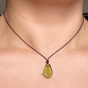 Handmade Olive Green Glass Drop Necklace Boho Adjustable Cord Earthy Cottagecore